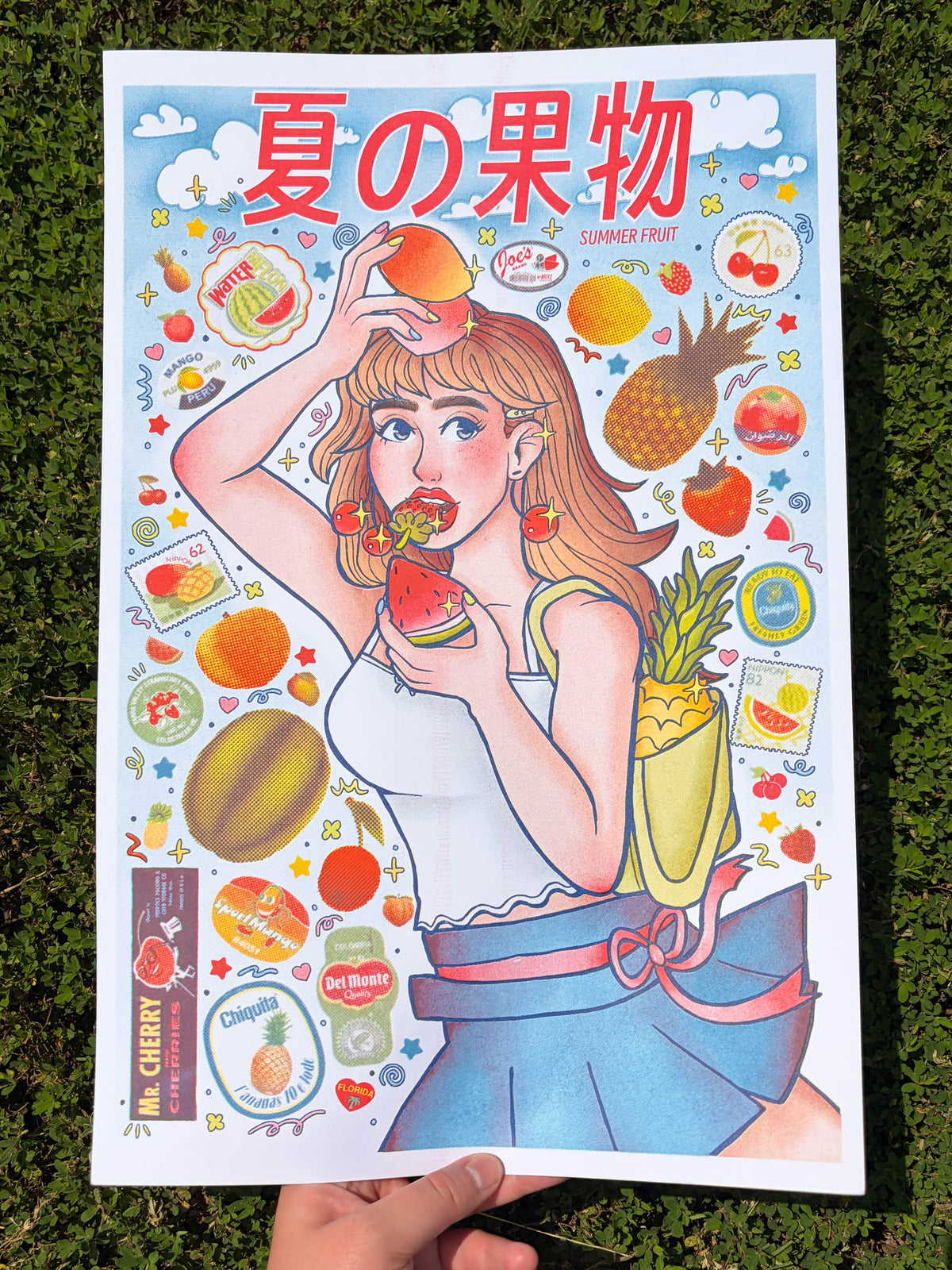 summer fruit sticker risograph print