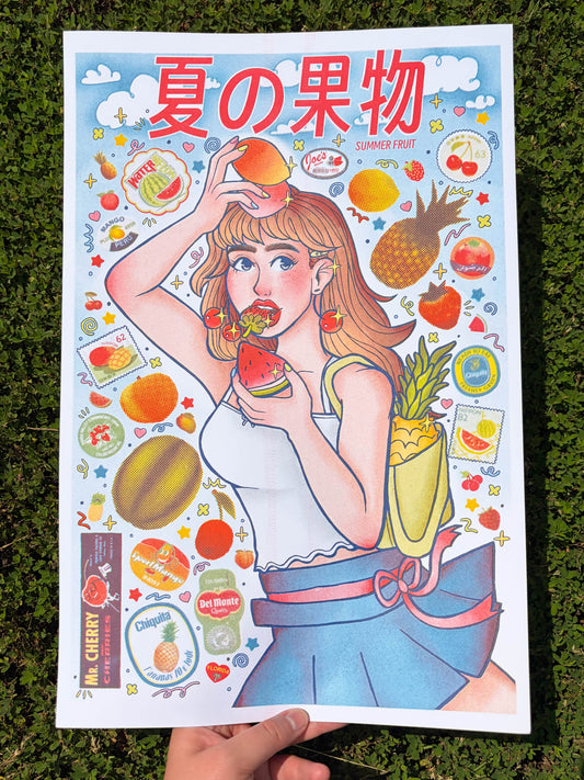 summer fruit sticker risograph print