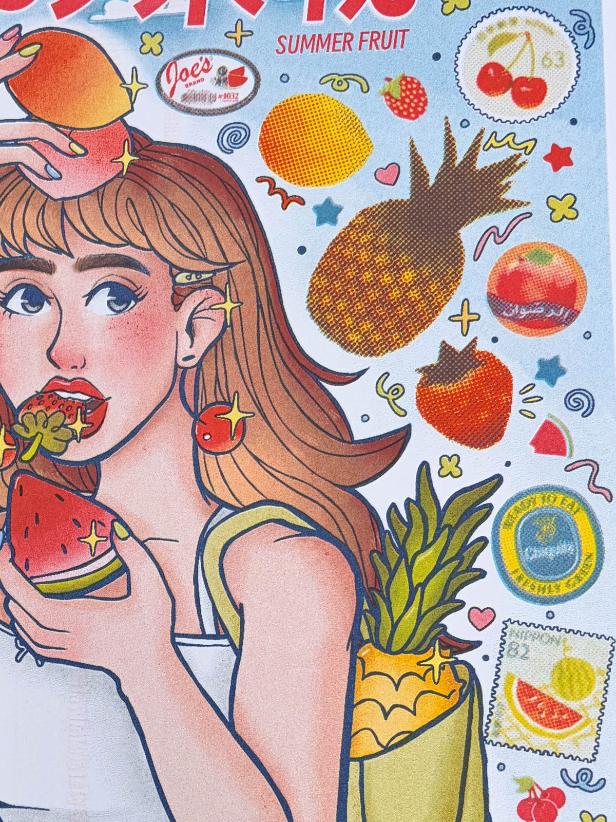summer fruit sticker risograph print